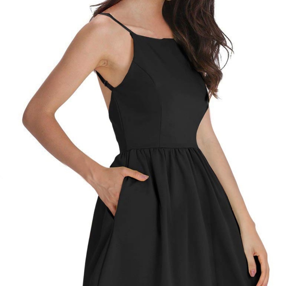 Spaghetti Strap Black Backless Mini Dress